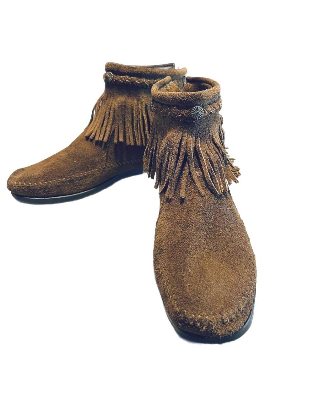 Minnetonka Dusty Brown Suede Concho Fringe High Top Back Zip Moccasin Boots 9 - Picture 2 of 8